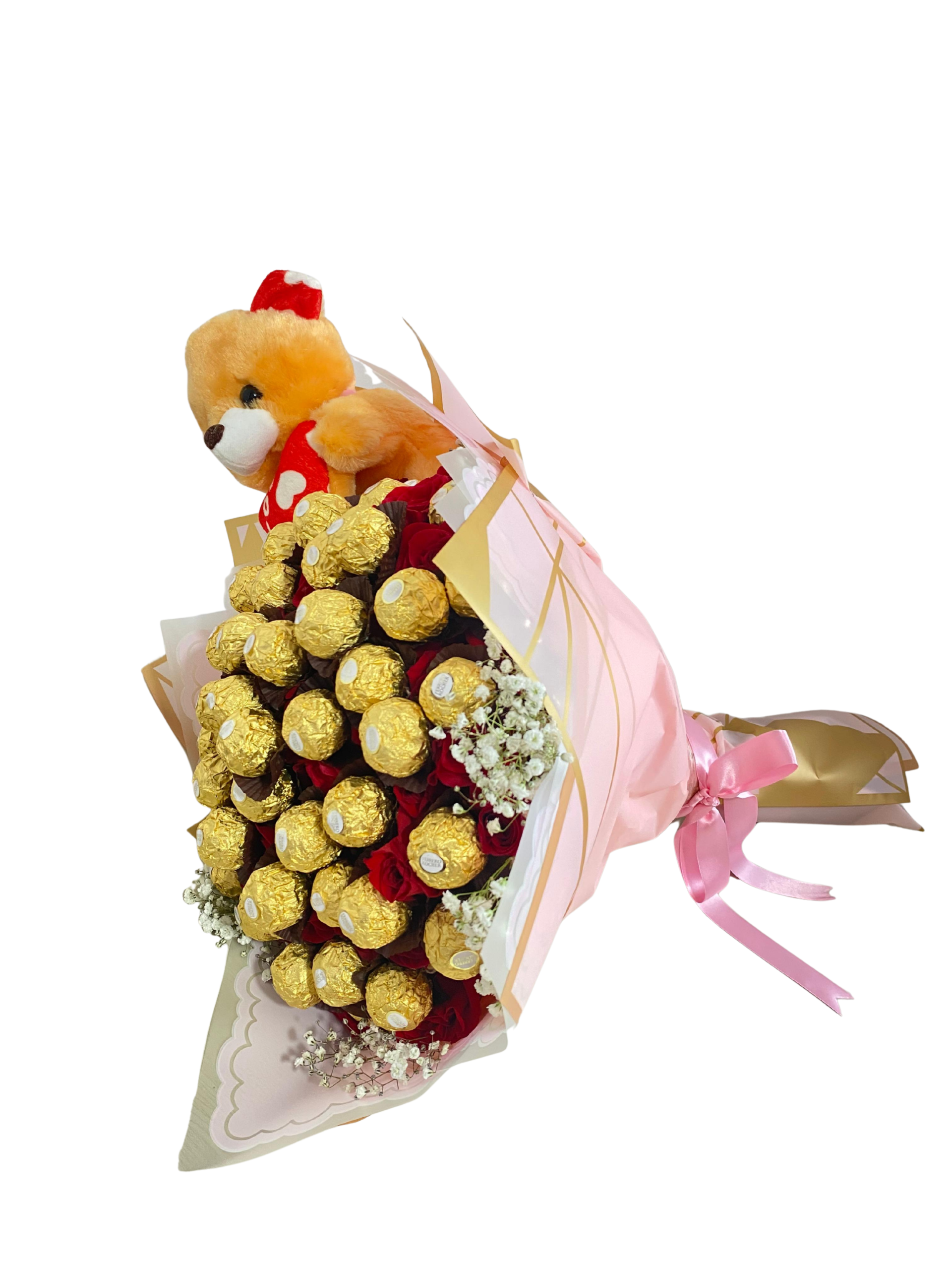 Arreglo de rosas con chocolates y peluche - Imagen 2