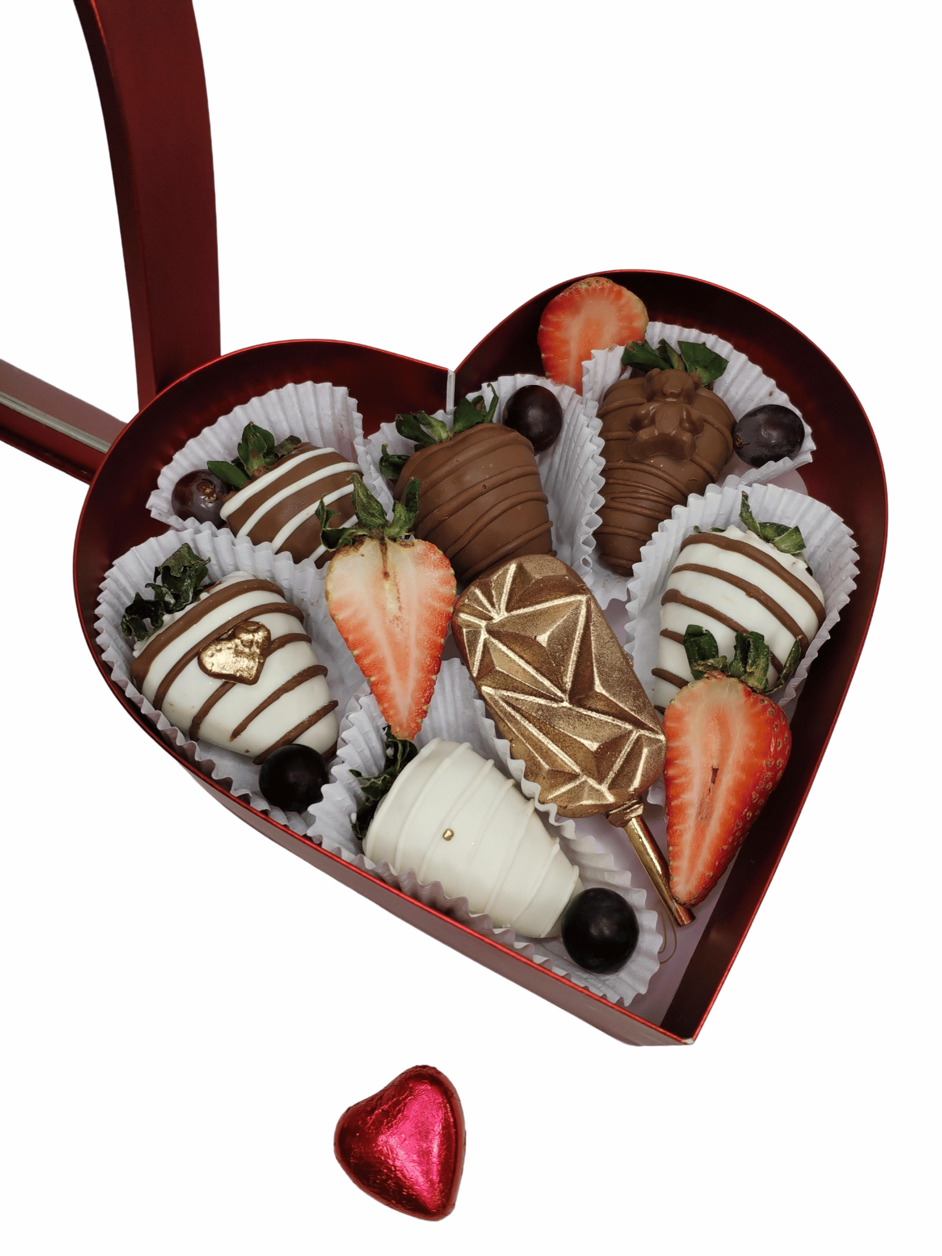 6 fresas con chocolate decoradas fresa natural con paleta rellena en caja de corazón