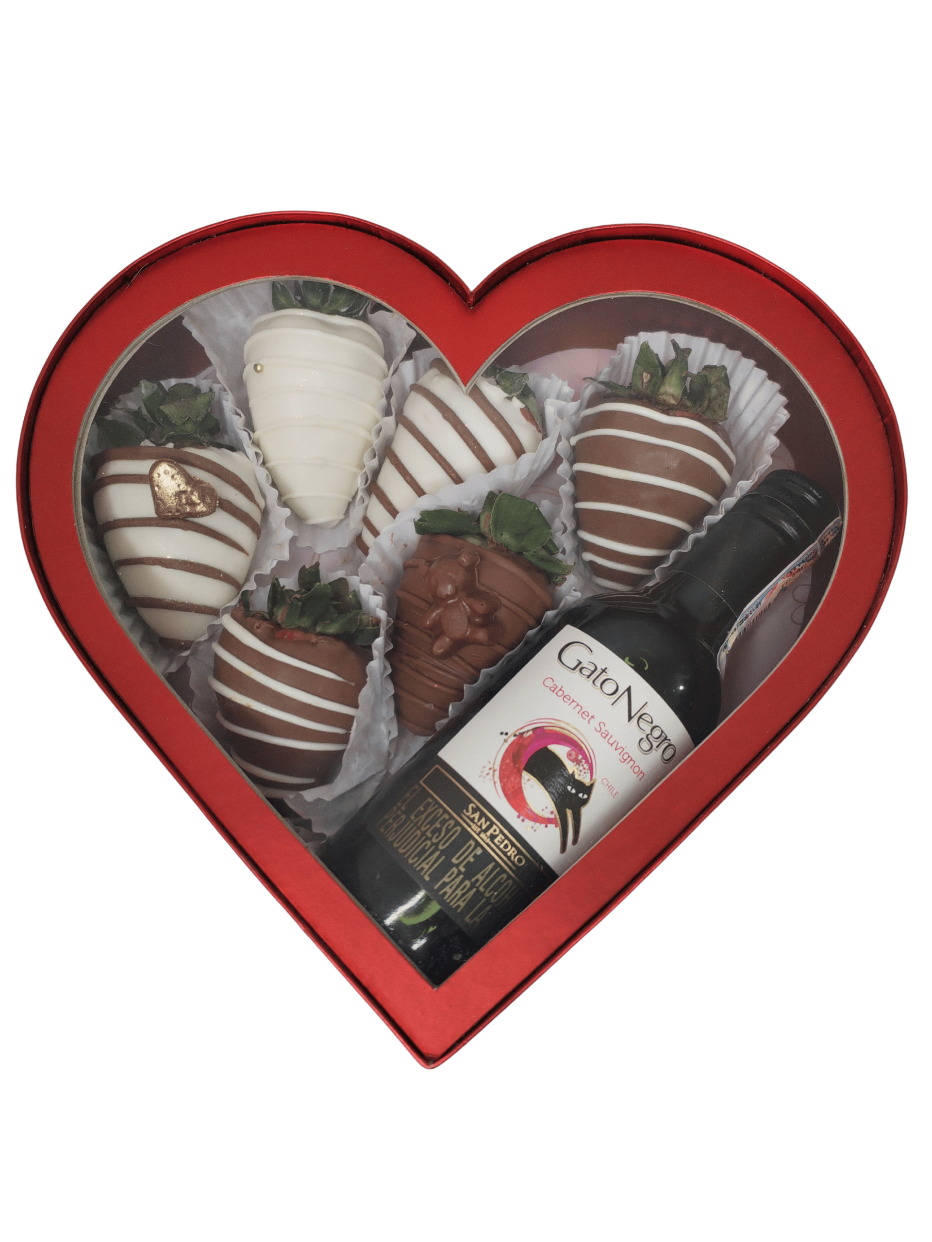 6 fresas con chocolate decoradas con paleta rellena en caja de corazón y vino gato negro