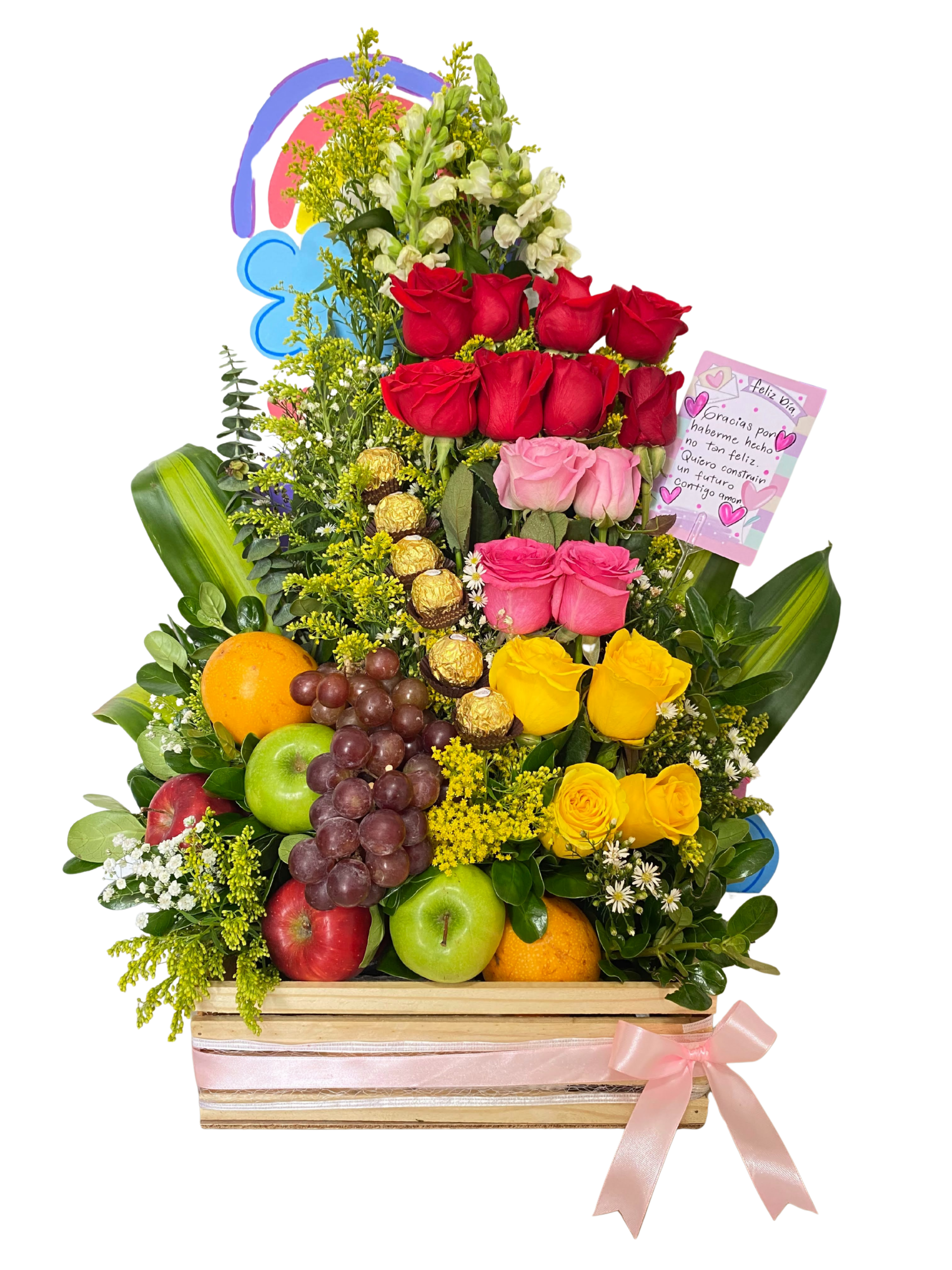 Arreglo floral de rosas con chocolate ferrero rocher y fruta en base de madera