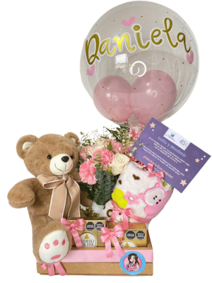 ancheta para bienvenida de bebé con peluche delicado cobija flores y chocolates